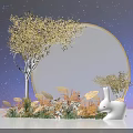 Starry Sky Background Decor With Golden Leaf Tree White Circular Frame Flowers And White Rabbit