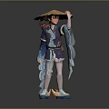 Young Boy In Traditional Outfit With Straw Hat Flowing Blue Sleeves And Colorful Shoes