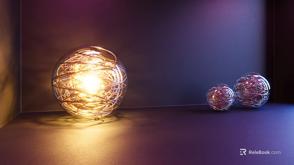 Multiple Sizes Spherical Wire Wrapped Decorative Lights With Warm Glow On Purple Background 3d model 
