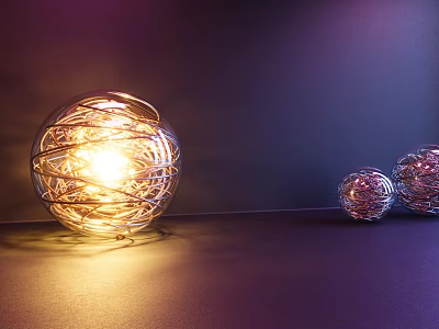 Multiple Sizes Spherical Wire Wrapped Decorative Lights With Warm Glow On Purple Background 3d model