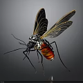 Mosquito With Black And White Markings Red Abdomen Yellow Black Veined Wings On Dark Background