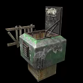 Old Rusted Green Metal Building Structure With Open Lid And Broken Wooden Fence Gate