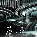Elegant Modern Banquet Hall With Circular Ceiling Crystal Chandelier Light Strips Mirrored Floor And Tables