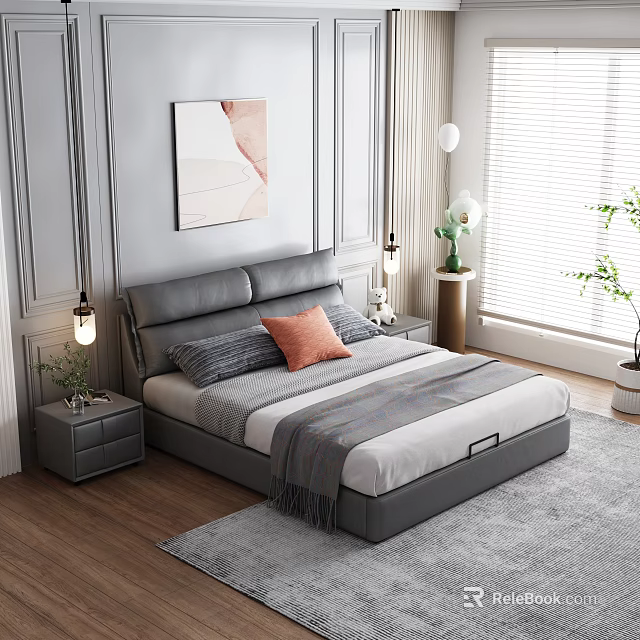 Background Double Bed Interior With Gray Headboard Pillows Blanket Nightstand Lamp Wall Painting And Blinds 3d model 