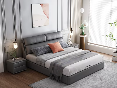 Background Double Bed Interior With Gray Headboard Pillows Blanket Nightstand Lamp Wall Painting And Blinds 3d model