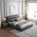 Background Double Bed Interior With Gray Headboard Pillows Blanket Nightstand Lamp Wall Painting And Blinds