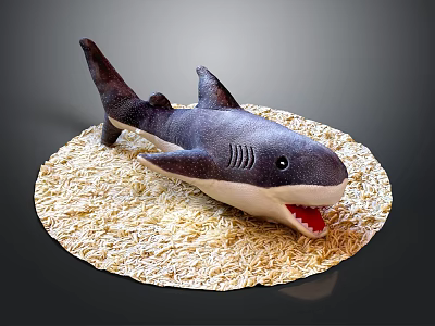Dark Colored Shark Stuffed Toy With Open Mouth White Teeth On Round Sandy Base 3d model