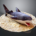 Dark Colored Shark Stuffed Toy With Open Mouth White Teeth On Round Sandy Base