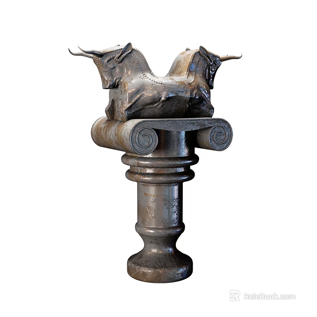 Decorative Ornament Set With Two Bull Heads On Metallic Column Base 3d model 