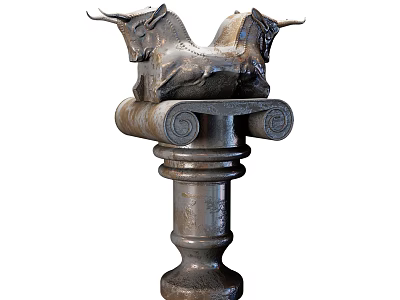 Decorative Ornament Set With Two Bull Heads On Metallic Column Base 3d model