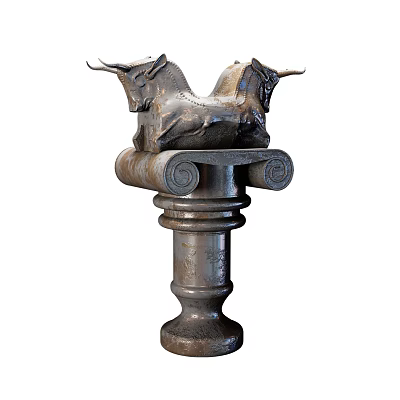 Decorative Ornament Set With Two Bull Heads On Metallic Column Base 3d model