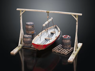 Vintage Wooden Boat Displayed Under Wooden Frame With Barrels And Pallets 3d model