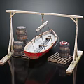 Vintage Wooden Boat Displayed Under Wooden Frame With Barrels And Pallets
