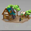 Lego Style Small Cottage With Blue Roof Green Trees Cart And Minifigures