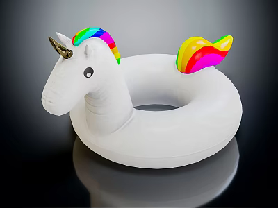 White Unicorn Shaped Inflatable Swimming Ring With Rainbow Mane Tail And Gold Horn 3d model