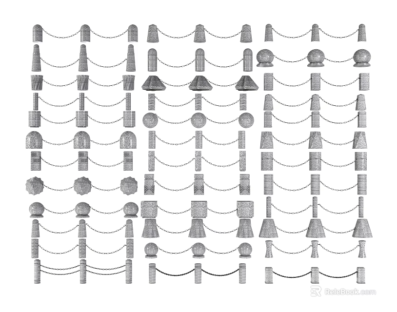 Various Decorative Fence Designs With Ornate Posts Chain Links And Stylish Tops 3d model 