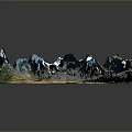 Mountain Landscape With Blue Peaks Yellow Valleys Green Vegetation And Dark Terrain