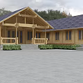 Wooden Detached Villa With Blue Roof Green Grass Lawn And Trees