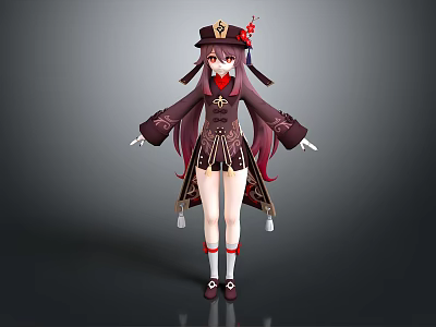 Game Anime Character With Purple Long Hair Traditional Style Outfit Hat Red Decoration And Short Skirt 3d model