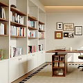 Modern Study Room Interior With Built in Bookshelves Wooden Desk Green Chair And Potted Plant