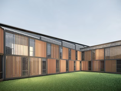 Modern Detached Villa Exterior With Wooden Metal Elements Large Glass Windows Enclosed Lawn Courtyard 3d model