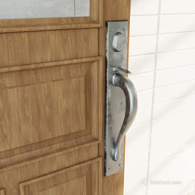 Silver Metal Door Handle On Wooden Door With White Tiled Wall 3d model 
