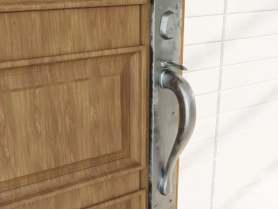 Silver Metal Door Handle On Wooden Door With White Tiled Wall 3d model