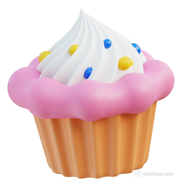 Delicious Cupcake With Pink Cupcake Liner And White Swirl Frosting Topped With Yellow Blue Sprinkles 3d model 