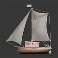 Wooden Sailboat Model With White Sails And Blue Flag On Dark Background