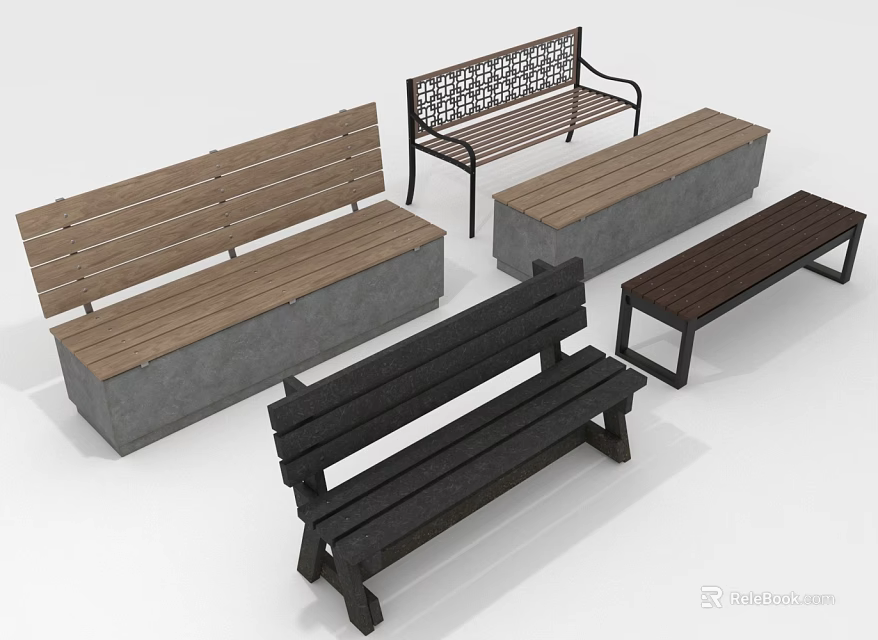 Natural Park Setting With Various Outdoor Benches In Wooden Concrete And Metal Designs 3d model 
