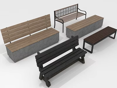 Natural Park Setting With Various Outdoor Benches In Wooden Concrete And Metal Designs 3d model