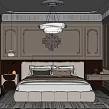 Luxury Modern Bedroom Interior Design With Beige Bed Decorative Wall Ornate Pattern Chandelier And Armchair