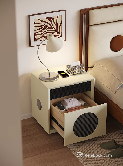 Light Colored Nightstand With Table Lamp Mobile Phone Open Drawer Pink Box And Bedside Items 3d model