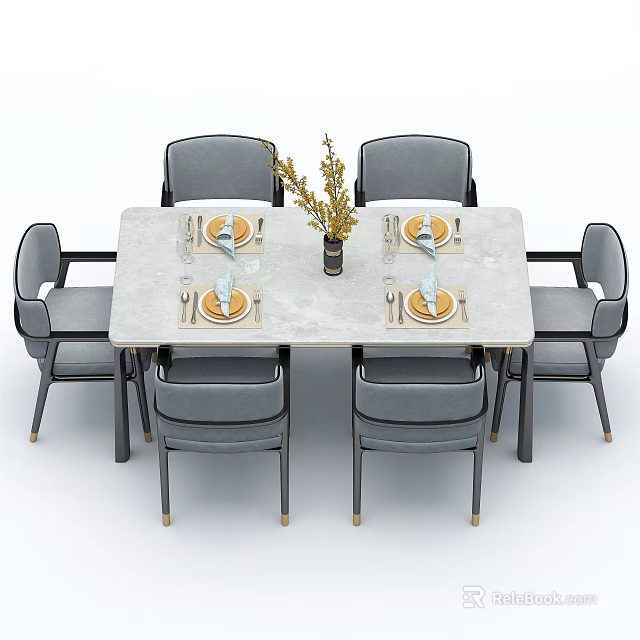 Modern Gray Dining Table Set With Marble Top Six Chairs Tableware And Vase With Plants 3d model