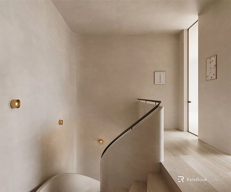 Minimalist Curved Staircase With White Walls Wall Lamps And Wooden Floor 3d model 
