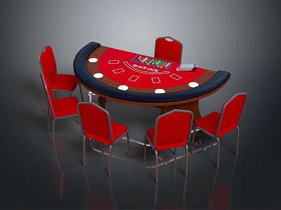 Red Surface Entertainment Table With Black Edge Six Red Chairs And Poker Chips On Top 3d model