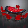 Red Surface Entertainment Table With Black Edge Six Red Chairs And Poker Chips On Top