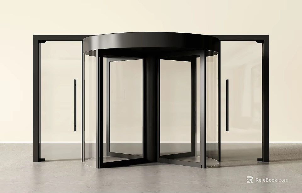 Contemporary Revolving Door With Black Metal Frame And Transparent Glass Panels 3d model 