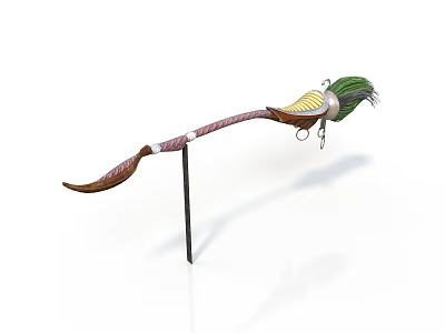 Traditional Decorative Weapon With Long Curved Handle Green Yellow Feather Decoration And Metal Ring 3d model