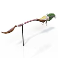 Traditional Decorative Weapon With Long Curved Handle Green Yellow Feather Decoration And Metal Ring