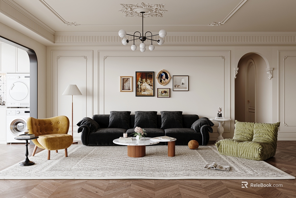 Elegant Living Room Interior With Black Sofa Yellow Armchair Green Bean Bag And Wall Paintings 3d model 