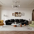Elegant Living Room Interior With Black Sofa Yellow Armchair Green Bean Bag And Wall Paintings