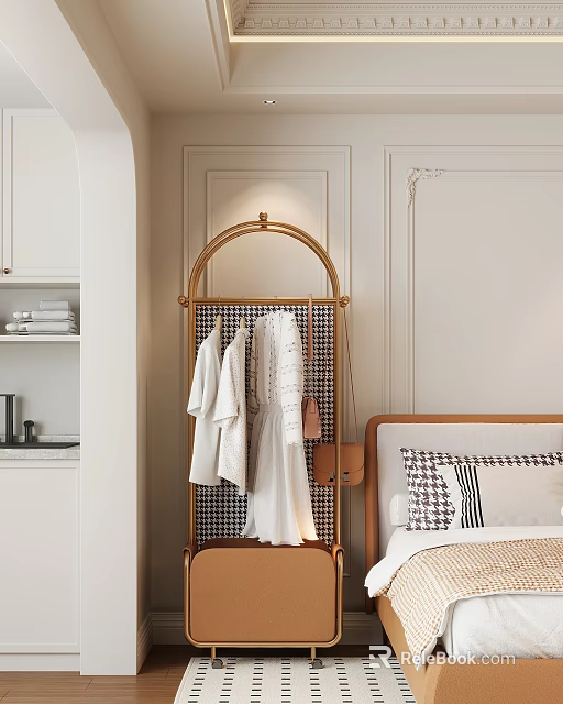 Cozy Bedroom Interior With White Cabinet Golden Coat Rack And Checkered Pillows 3d model 
