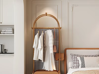 Cozy Bedroom Interior With White Cabinet Golden Coat Rack And Checkered Pillows 3d model