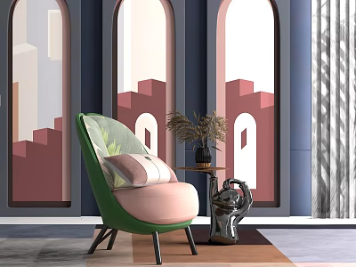 Stylish Green Pink Accent Chair In Modern Room With Arched Windows And Decorative Plant 3d model