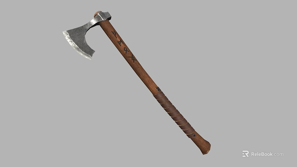Traditional Viking Axe Weapon With Metal Head Engraved Wooden Handle And Leather Wrap 3d model 