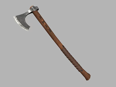 Traditional Viking Axe Weapon With Metal Head Engraved Wooden Handle And Leather Wrap 3d model