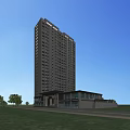 Tall Modern Residential Building With Glass Windows Surrounded By Trees And Urban Skyline