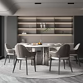 Modern Restaurant Interior With Round Dining Table Gray Chairs Open Shelves And Large Window 3d model
