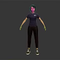 Short Haired Character In Dark Blue T-Shirt Black Pants Black White Sneakers Against Grey Background